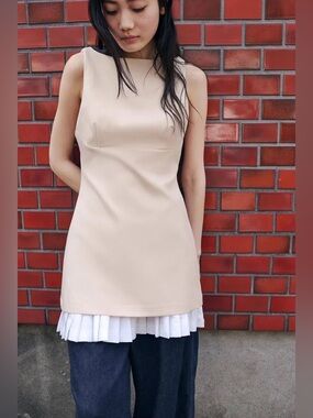 Zara Cream Mini Dress with White Pleated Hem